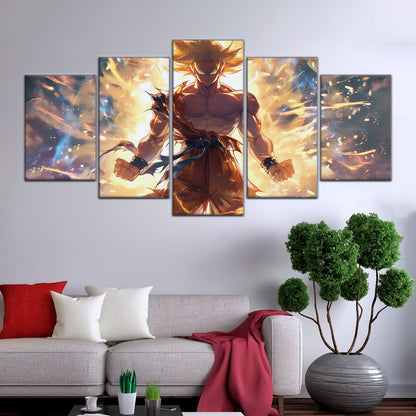 Dragon Ball Z Goku Super Saiyan Canvas Wall Art - 5 Piece Split Panel Anime Poster - Framed Ready to Hang Living Room Man Cave Decor - DR5082