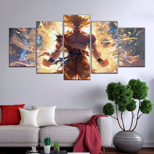 Dragon Ball Z Goku Super Saiyan Canvas Wall Art - 5 Piece Split Panel Anime Poster - Framed Ready to Hang Living Room Man Cave Decor - DR5082