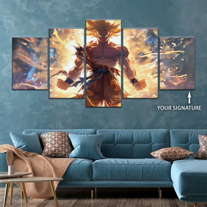 Dragon Ball Z Goku Super Saiyan Canvas Wall Art - 5 Piece Split Panel Anime Poster - Framed Ready to Hang Living Room Man Cave Decor - DR5082