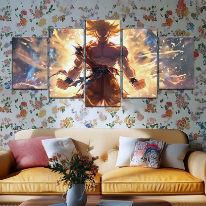 Dragon Ball Z Goku Super Saiyan Canvas Wall Art - 5 Piece Split Panel Anime Poster - Framed Ready to Hang Living Room Man Cave Decor - DR5082