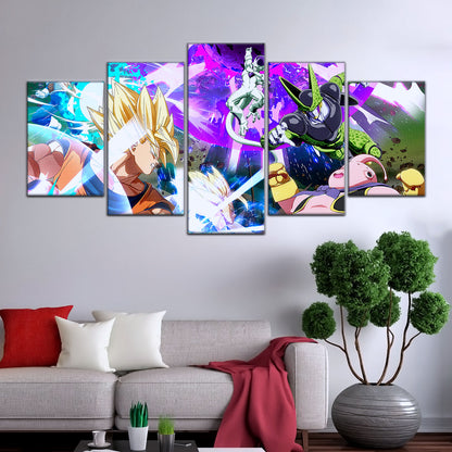 Dragon Ball Z Goku Vegeta vs Frieza Cell Majin Buu Canvas Wall Art - 5 Piece Split Panel Anime Poster - Ready to Hang Living Room Man Cave Decor - DR5059