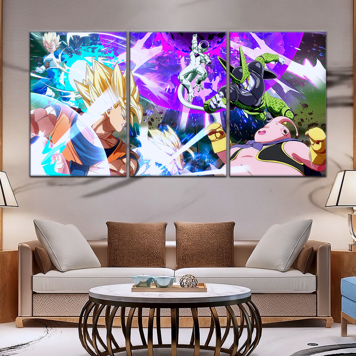 Dragon Ball Z Goku Vegeta vs Frieza Cell Majin Buu Canvas Wall Art - 5 Piece Split Panel Anime Poster - Ready to Hang Living Room Man Cave Decor - DR5059