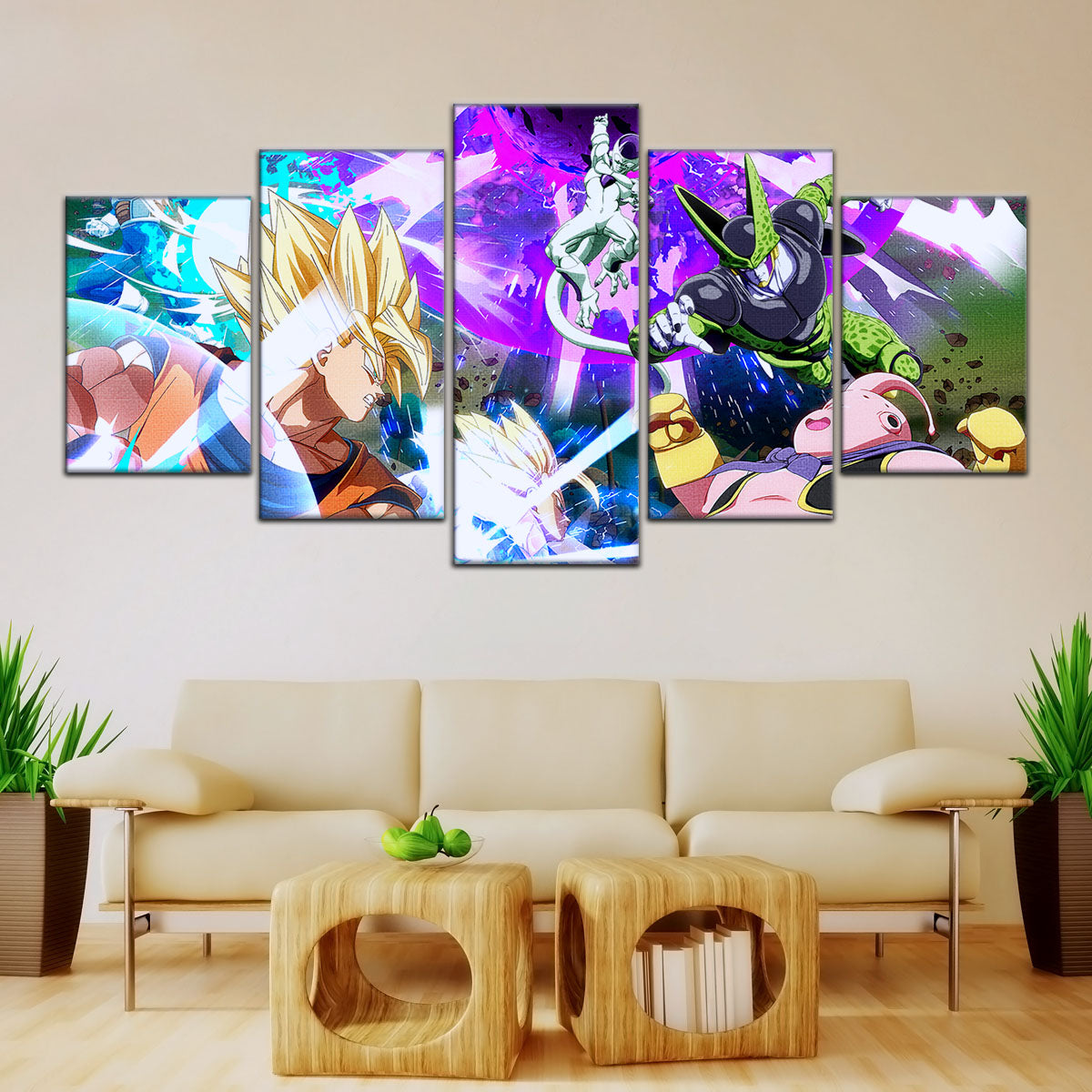 Dragon Ball Z Goku Vegeta vs Frieza Cell Majin Buu Canvas Wall Art - 5 Piece Split Panel Anime Poster - Ready to Hang Living Room Man Cave Decor - DR5059