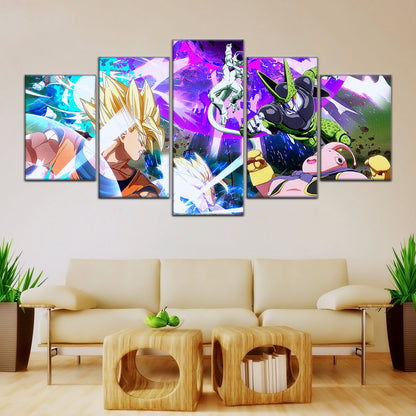 Dragon Ball Z Goku Vegeta vs Frieza Cell Majin Buu Canvas Wall Art - 5 Piece Split Panel Anime Poster - Ready to Hang Living Room Man Cave Decor - DR5059