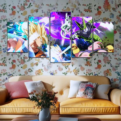 Dragon Ball Z Goku Vegeta vs Frieza Cell Majin Buu Canvas Wall Art - 5 Piece Split Panel Anime Poster - Ready to Hang Living Room Man Cave Decor - DR5059