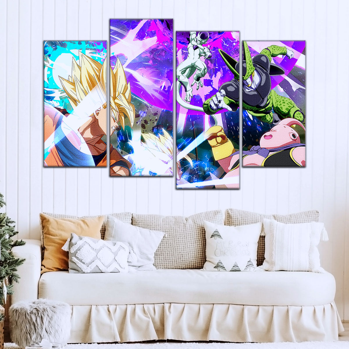 Dragon Ball Z Goku Vegeta vs Frieza Cell Majin Buu Canvas Wall Art - 5 Piece Split Panel Anime Poster - Ready to Hang Living Room Man Cave Decor - DR5059