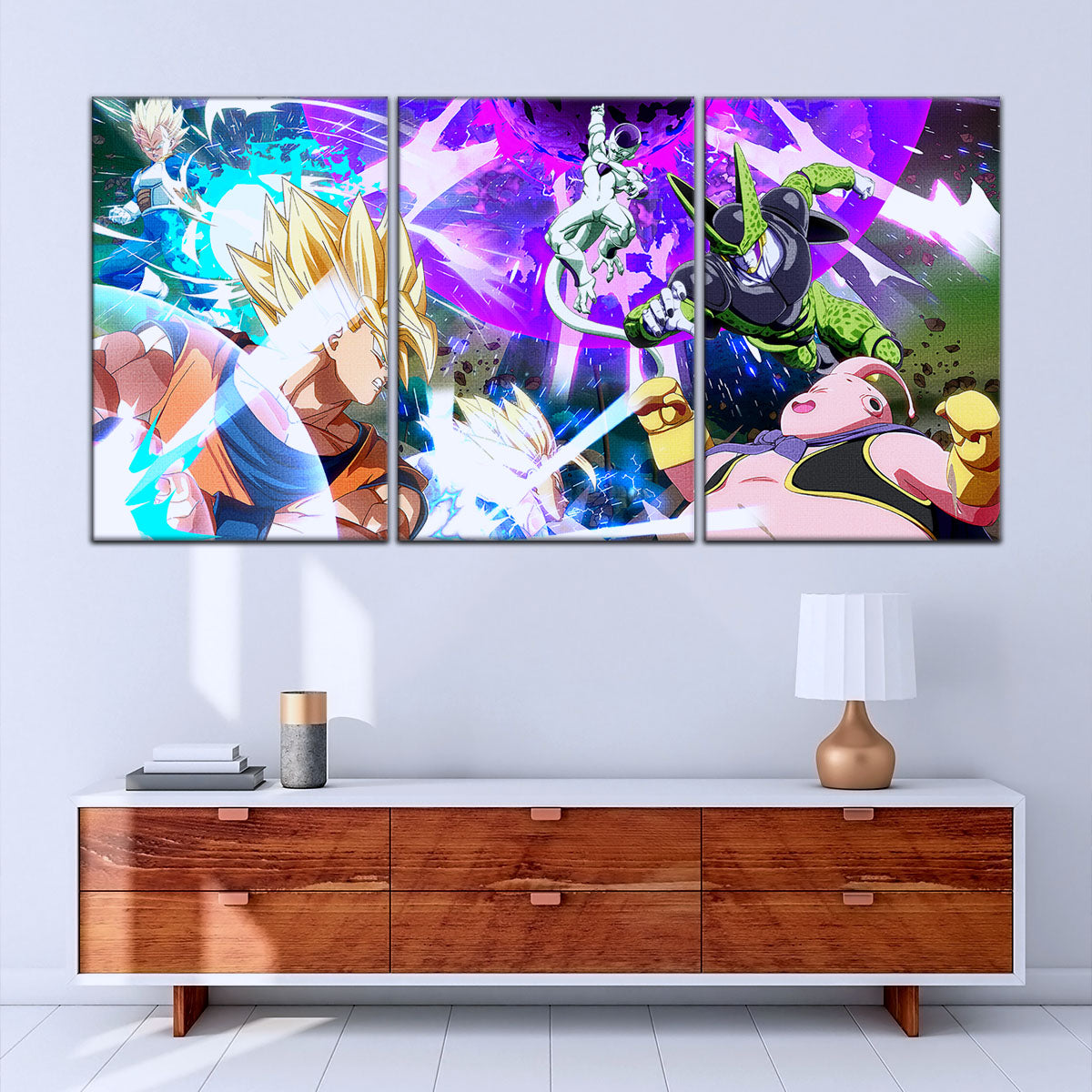 Dragon Ball Z Goku Vegeta vs Frieza Cell Majin Buu Canvas Wall Art - 5 Piece Split Panel Anime Poster - Ready to Hang Living Room Man Cave Decor - DR5059