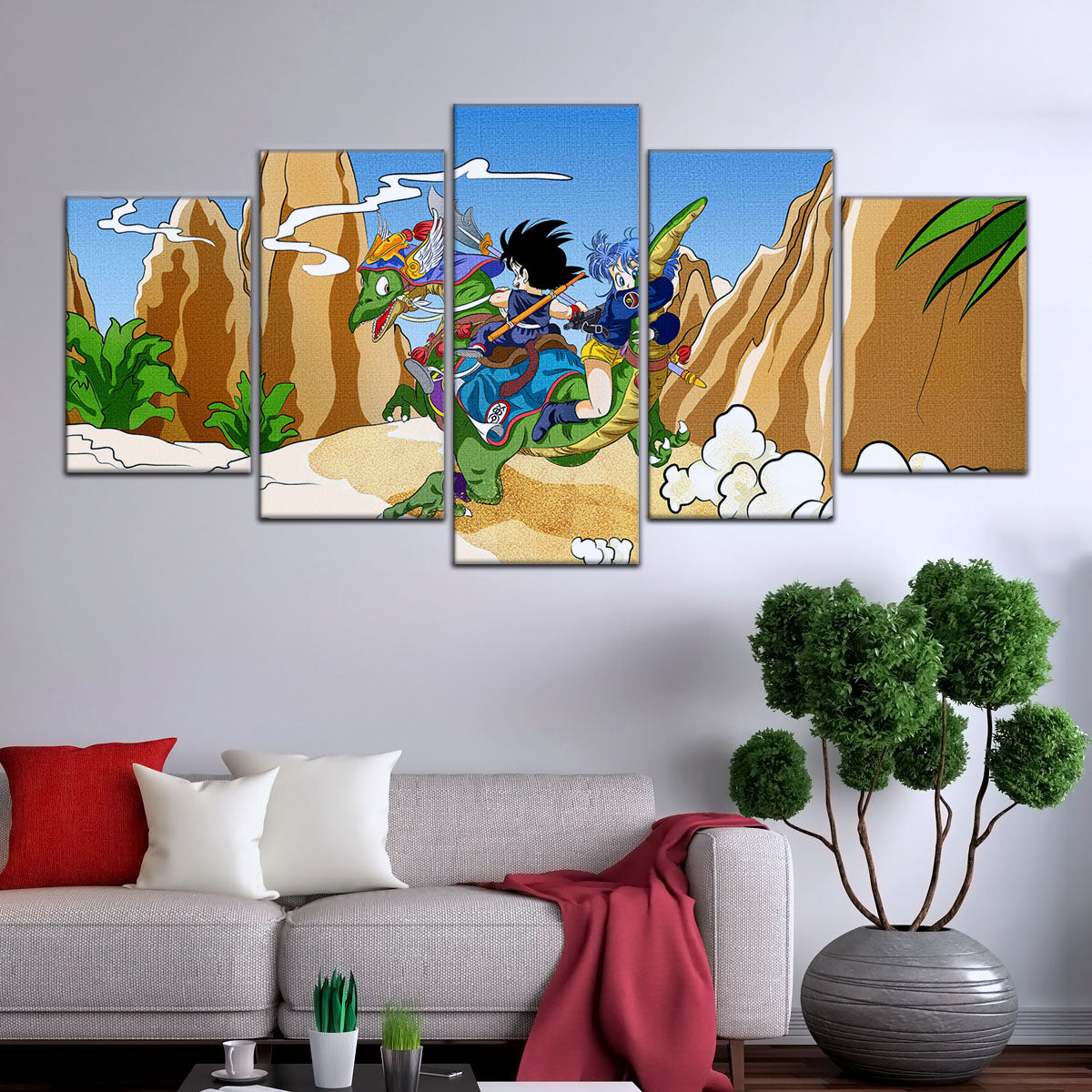 Dragon Ball Z Goku & Bulma Riding Dragon Canvas Wall Art - 5 Piece Split Panel Anime Poster - Framed Ready to Hang Living Room Man Cave Decor - DR5067