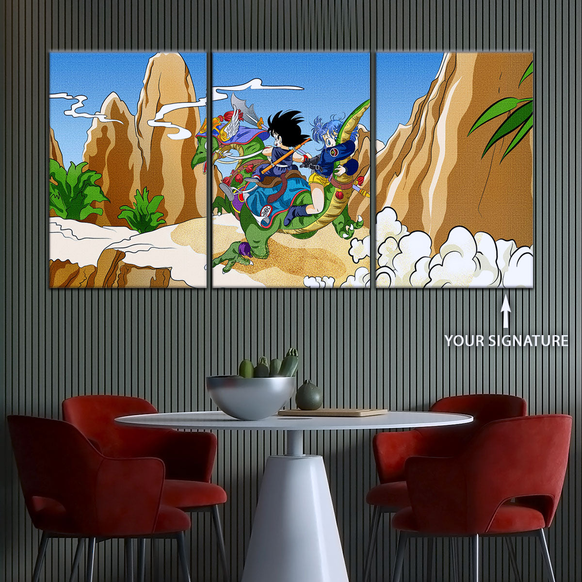 Dragon Ball Z Goku & Bulma Riding Dragon Canvas Wall Art - 5 Piece Split Panel Anime Poster - Framed Ready to Hang Living Room Man Cave Decor - DR5067
