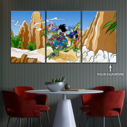 Dragon Ball Z Goku & Bulma Riding Dragon Canvas Wall Art - 5 Piece Split Panel Anime Poster - Framed Ready to Hang Living Room Man Cave Decor - DR5067