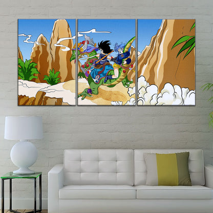 Dragon Ball Z Goku & Bulma Riding Dragon Canvas Wall Art - 5 Piece Split Panel Anime Poster - Framed Ready to Hang Living Room Man Cave Decor - DR5067