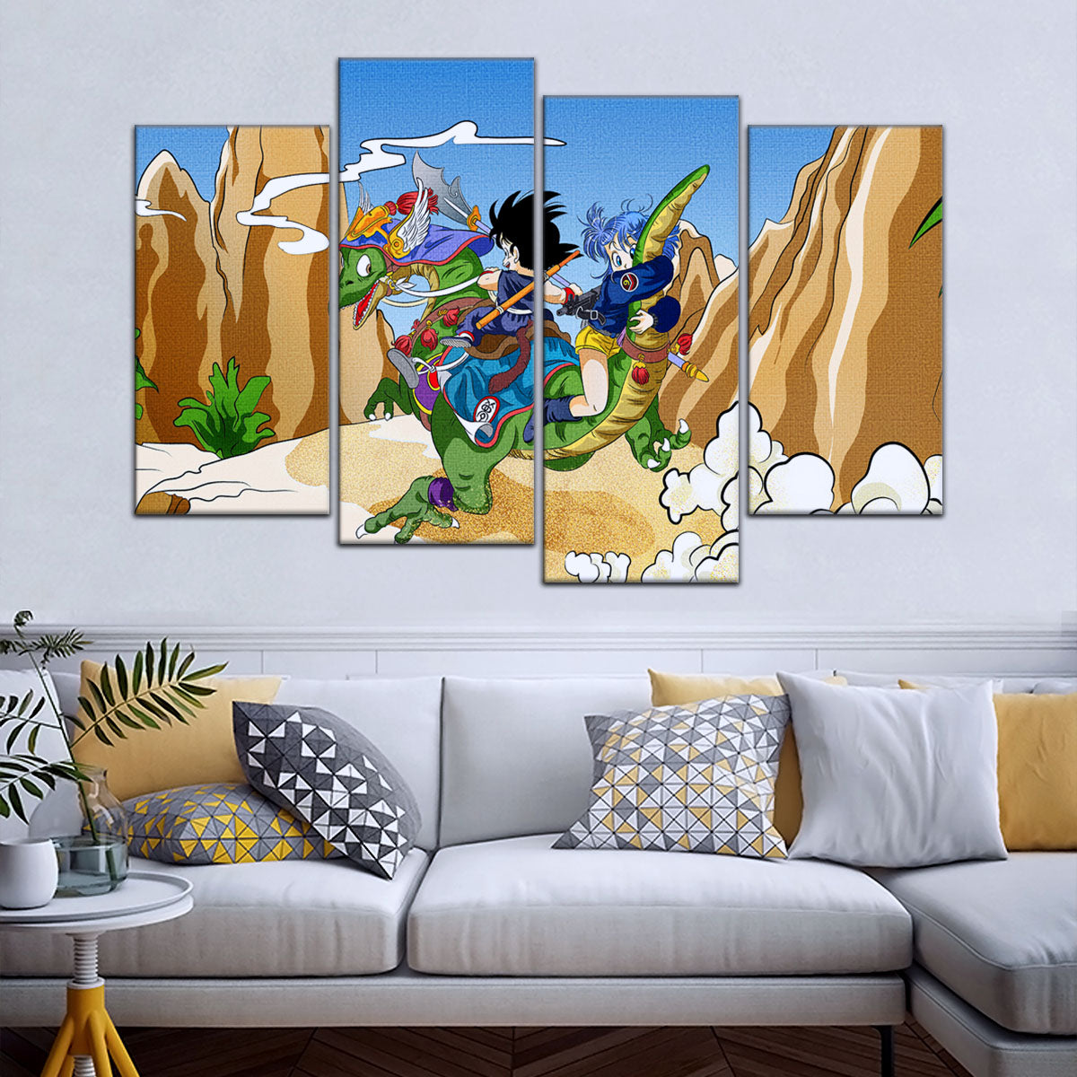Dragon Ball Z Goku & Bulma Riding Dragon Canvas Wall Art - 5 Piece Split Panel Anime Poster - Framed Ready to Hang Living Room Man Cave Decor - DR5067