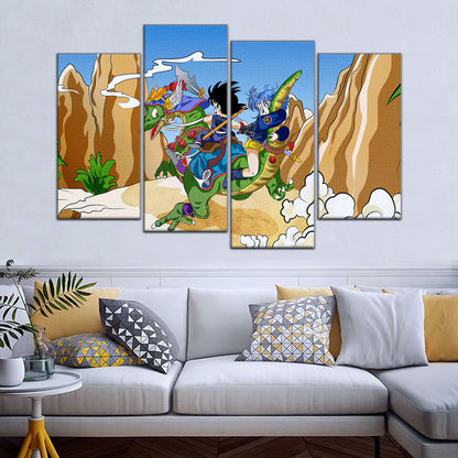 Dragon Ball Z Goku & Bulma Riding Dragon Canvas Wall Art - 5 Piece Split Panel Anime Poster - Framed Ready to Hang Living Room Man Cave Decor - DR5067