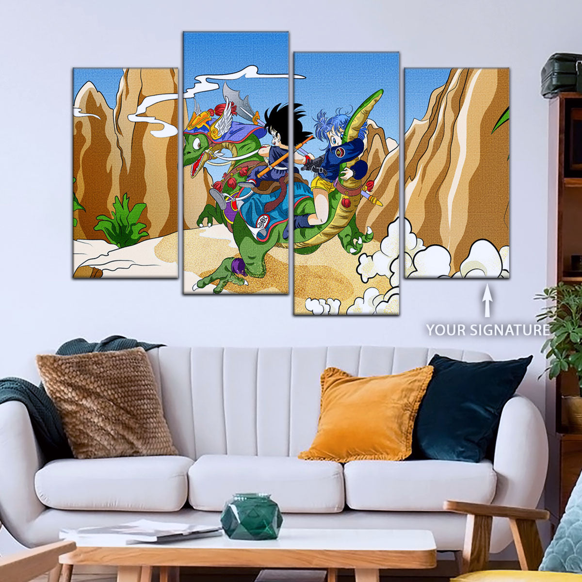 Dragon Ball Z Goku & Bulma Riding Dragon Canvas Wall Art - 5 Piece Split Panel Anime Poster - Framed Ready to Hang Living Room Man Cave Decor - DR5067