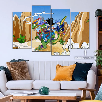 Dragon Ball Z Goku & Bulma Riding Dragon Canvas Wall Art - 5 Piece Split Panel Anime Poster - Framed Ready to Hang Living Room Man Cave Decor - DR5067