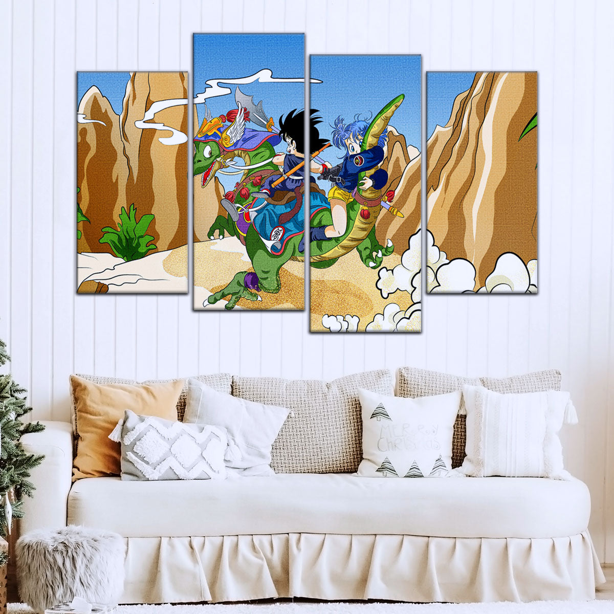 Dragon Ball Z Goku & Bulma Riding Dragon Canvas Wall Art - 5 Piece Split Panel Anime Poster - Framed Ready to Hang Living Room Man Cave Decor - DR5067