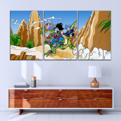 Dragon Ball Z Goku & Bulma Riding Dragon Canvas Wall Art - 5 Piece Split Panel Anime Poster - Framed Ready to Hang Living Room Man Cave Decor - DR5067