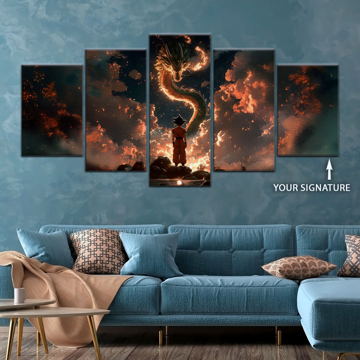 Dragon Ball Z Goku and Shenron Canvas Wall Art - 5 Piece Split Panel Anime Poster - Framed Ready to Hang Living Room Man Cave Decor - DR5069