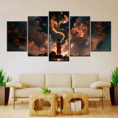 Dragon Ball Z Goku and Shenron Canvas Wall Art - 5 Piece Split Panel Anime Poster - Framed Ready to Hang Living Room Man Cave Decor - DR5069