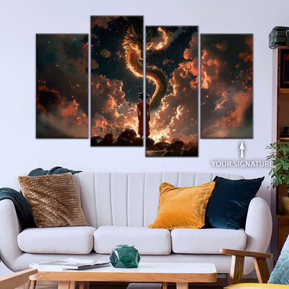 Dragon Ball Z Goku and Shenron Canvas Wall Art - 5 Piece Split Panel Anime Poster - Framed Ready to Hang Living Room Man Cave Decor - DR5069
