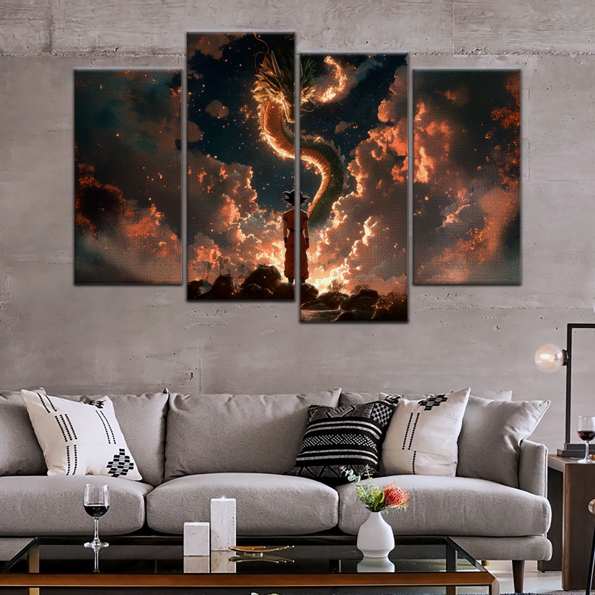 Dragon Ball Z Goku and Shenron Canvas Wall Art - 5 Piece Split Panel Anime Poster - Framed Ready to Hang Living Room Man Cave Decor - DR5069