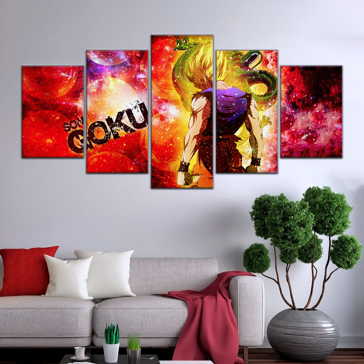 Dragon Ball Z Goku and Shenron Canvas Wall Art - 5 Piece Split Panel Anime Poster - Framed Ready to Hang Living Room Man Cave Decor - DR5070