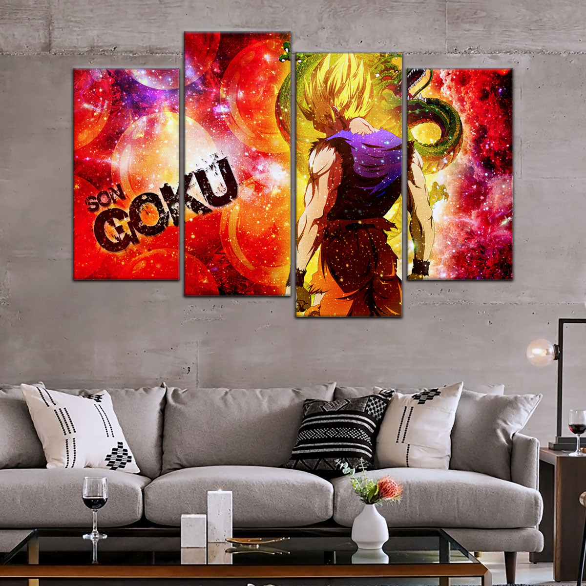 Dragon Ball Z Goku and Shenron Canvas Wall Art - 5 Piece Split Panel Anime Poster - Framed Ready to Hang Living Room Man Cave Decor - DR5070