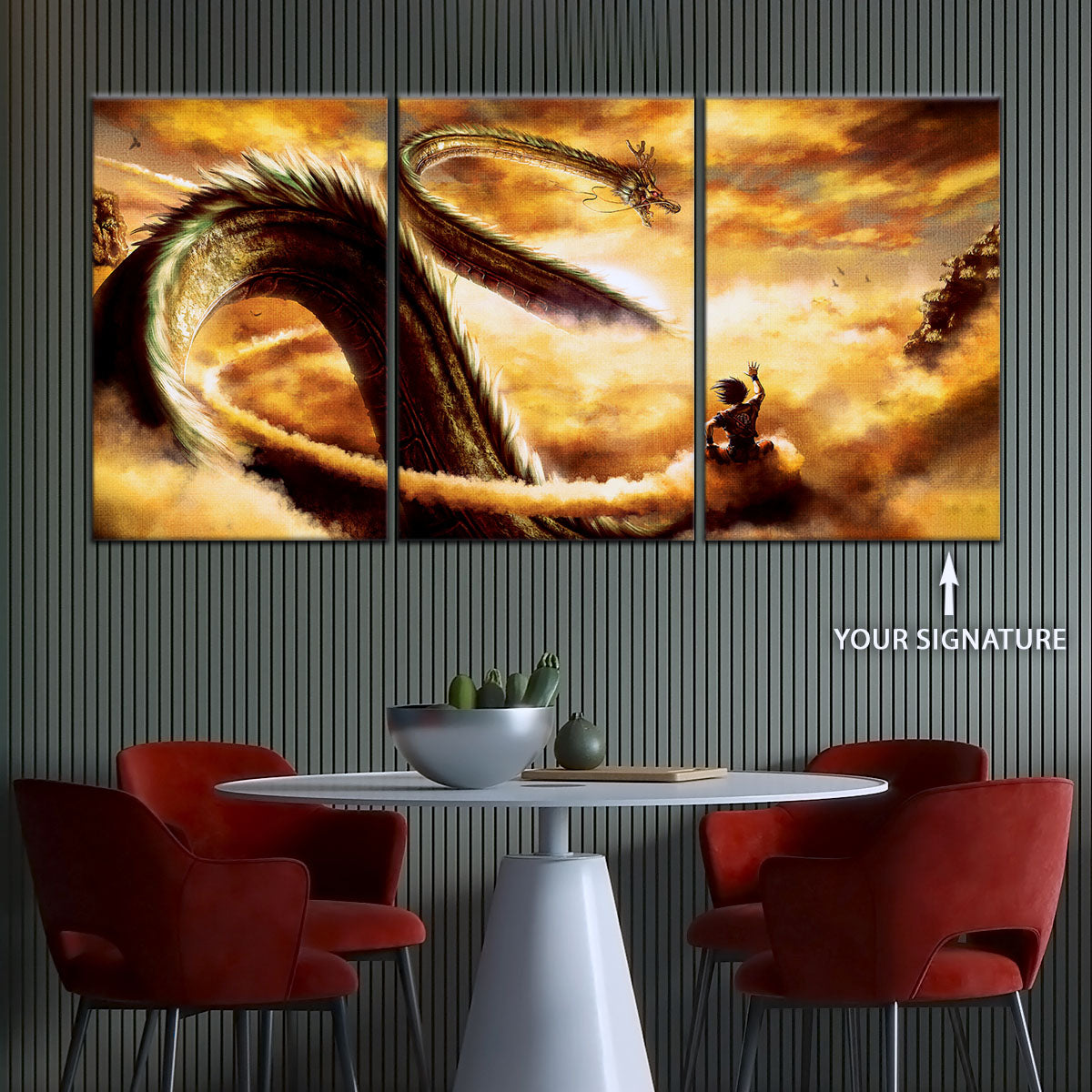 Dragon Ball Z Goku and Shenron Canvas Wall Art - 5 Piece Split Panel Anime Poster - Framed Ready to Hang Living Room Man Cave Decor - DR5104