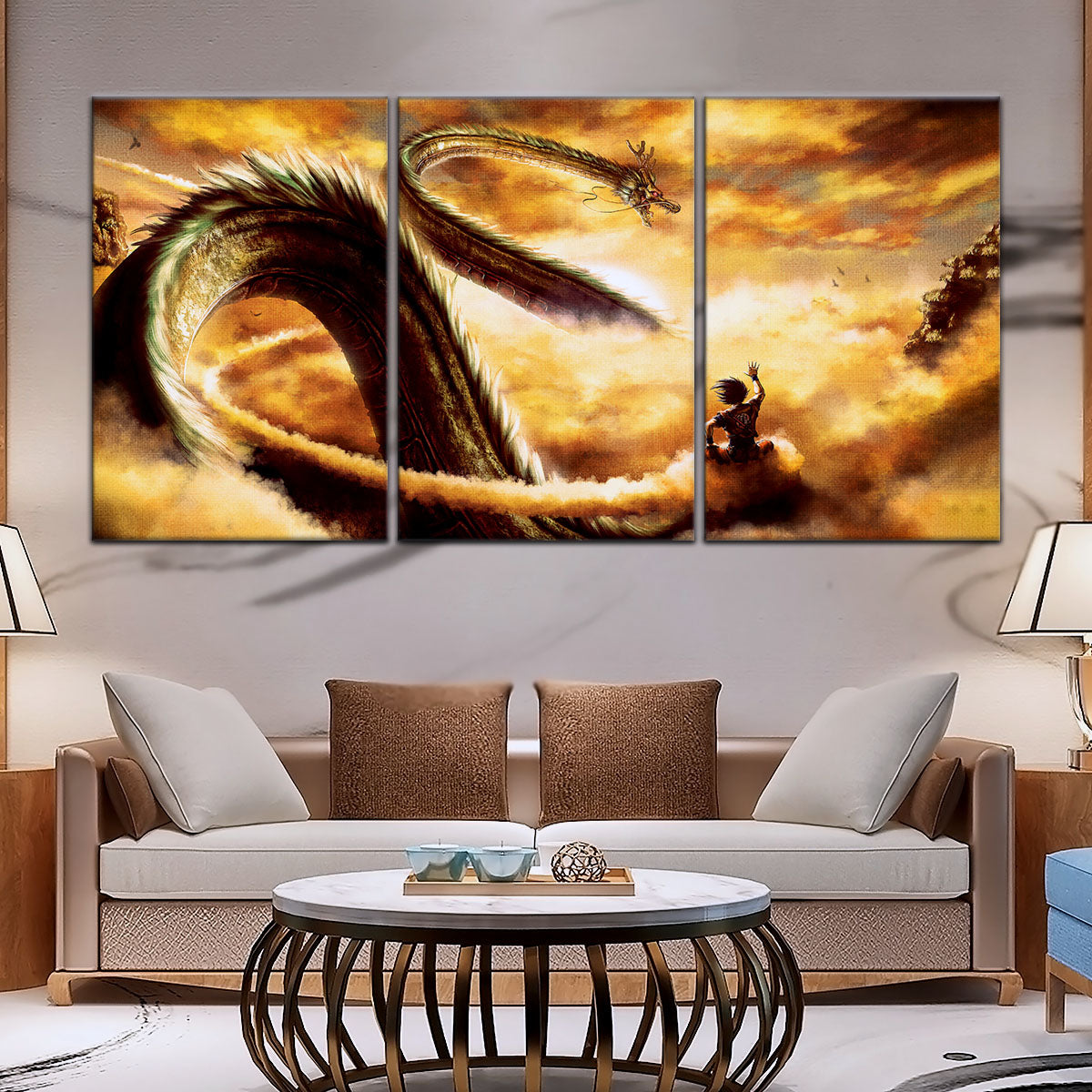Dragon Ball Z Goku and Shenron Canvas Wall Art - 5 Piece Split Panel Anime Poster - Framed Ready to Hang Living Room Man Cave Decor - DR5104