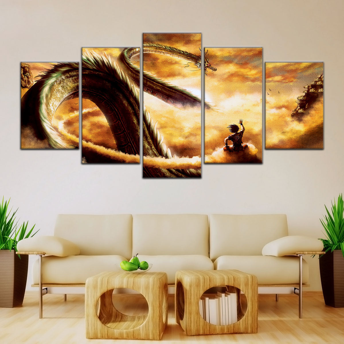 Dragon Ball Z Goku and Shenron Canvas Wall Art - 5 Piece Split Panel Anime Poster - Framed Ready to Hang Living Room Man Cave Decor - DR5104