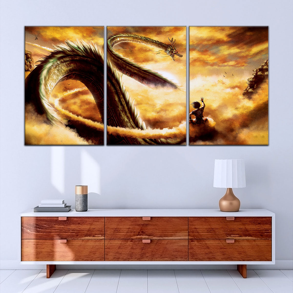 Dragon Ball Z Goku and Shenron Canvas Wall Art - 5 Piece Split Panel Anime Poster - Framed Ready to Hang Living Room Man Cave Decor - DR5104