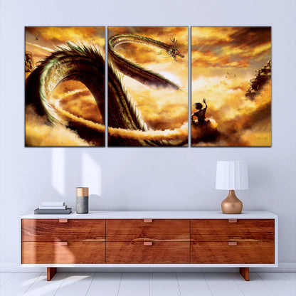 Dragon Ball Z Goku and Shenron Canvas Wall Art - 5 Piece Split Panel Anime Poster - Framed Ready to Hang Living Room Man Cave Decor - DR5104
