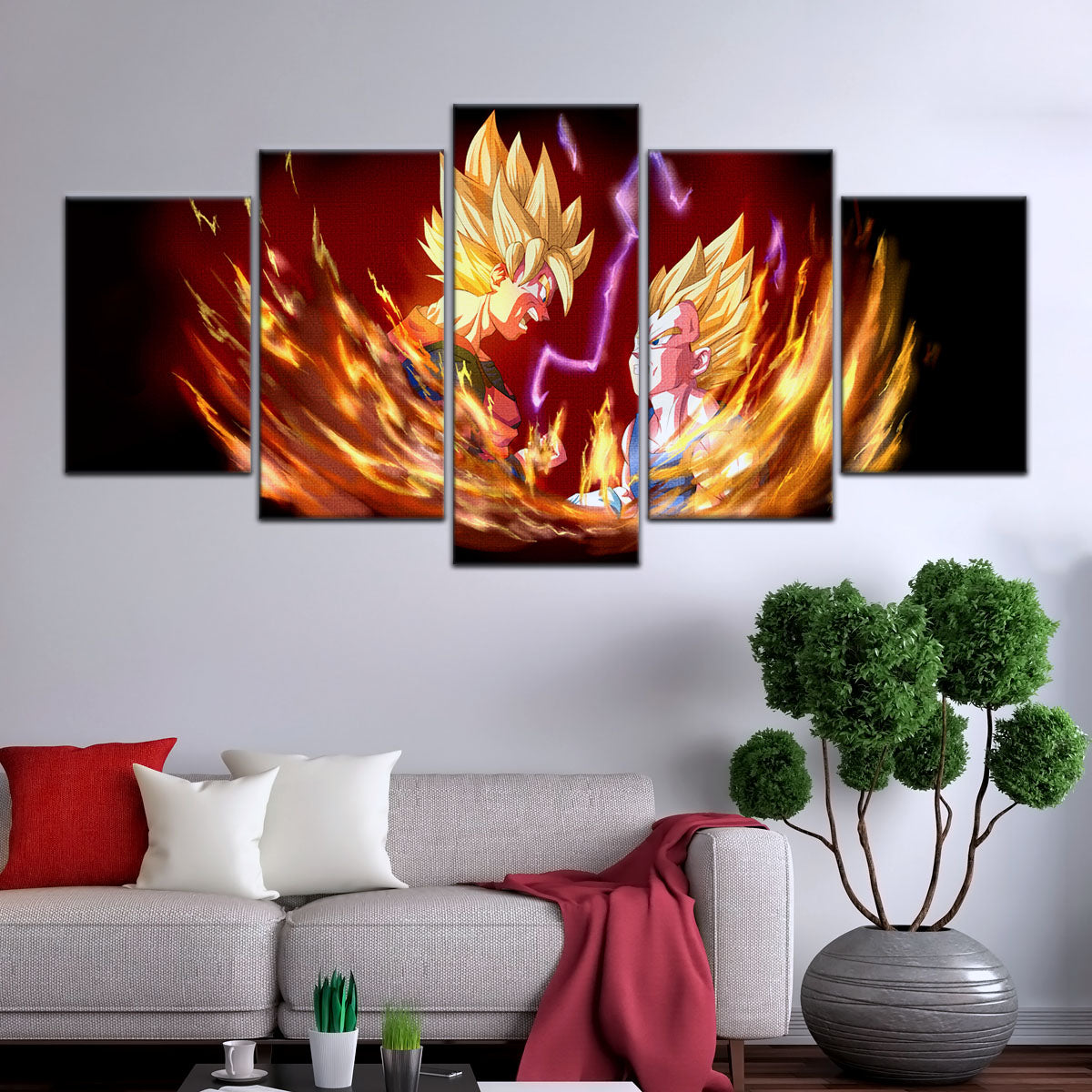 Dragon Ball Z Goku and Vegeta Canvas Wall Art - 5 Piece Split Panel DBZ Anime Poster - Framed Ready to Hang Living Room Man Cave Decor - DR5062