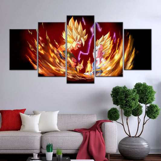 Dragon Ball Z Goku and Vegeta Canvas Wall Art - 5 Piece Split Panel DBZ Anime Poster - Framed Ready to Hang Living Room Man Cave Decor - DR5062