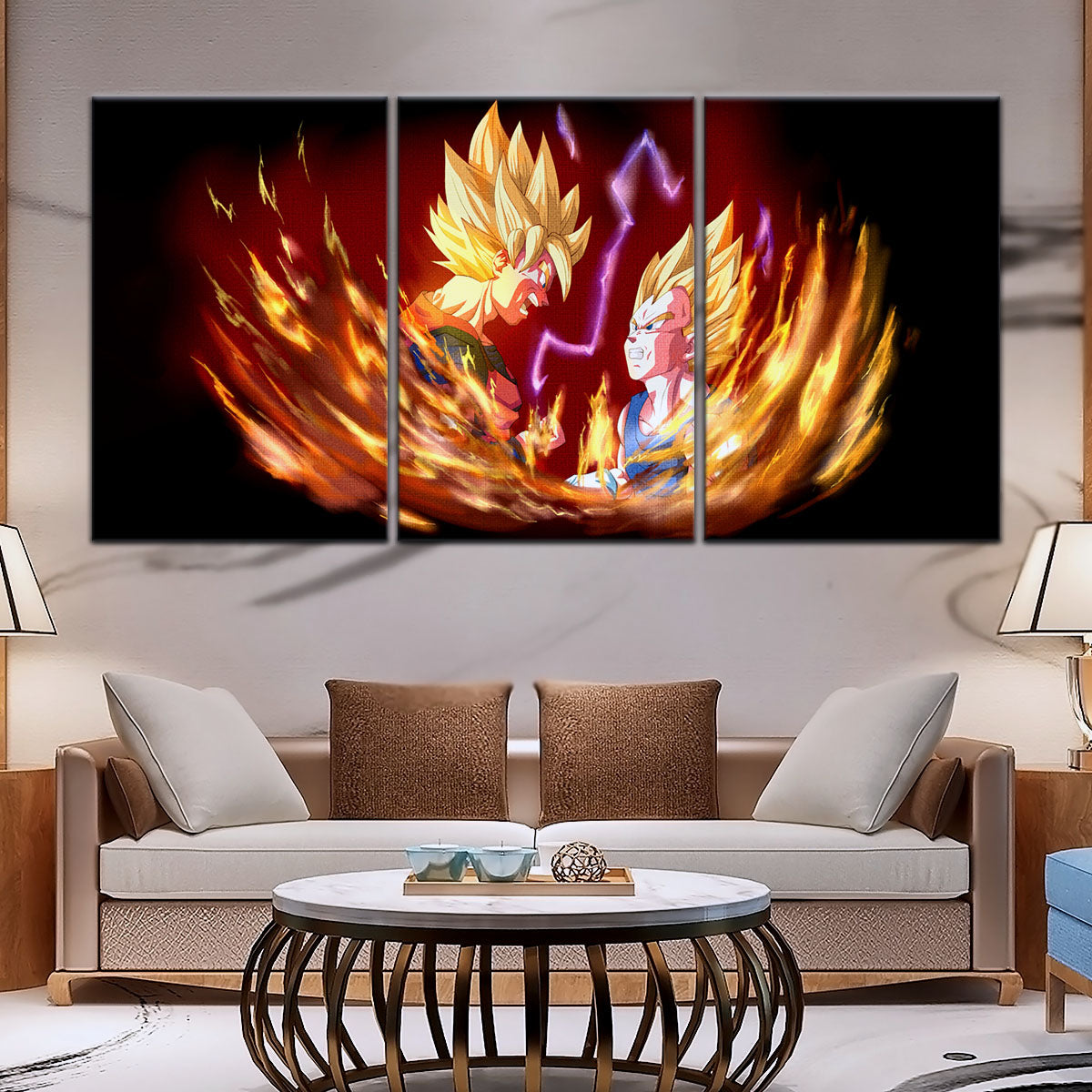 Dragon Ball Z Goku and Vegeta Canvas Wall Art - 5 Piece Split Panel DBZ Anime Poster - Framed Ready to Hang Living Room Man Cave Decor - DR5062