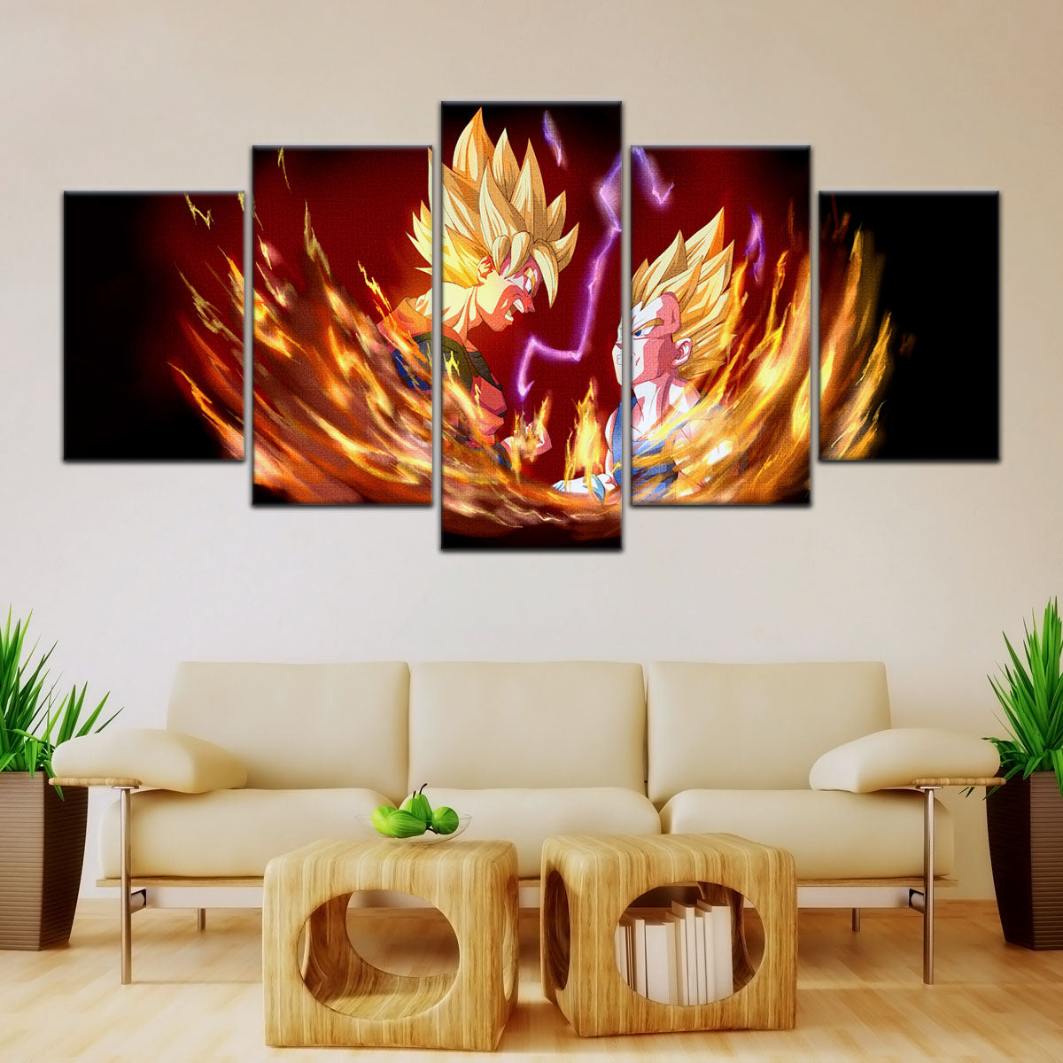Dragon Ball Z Goku and Vegeta Canvas Wall Art - 5 Piece Split Panel DBZ Anime Poster - Framed Ready to Hang Living Room Man Cave Decor - DR5062
