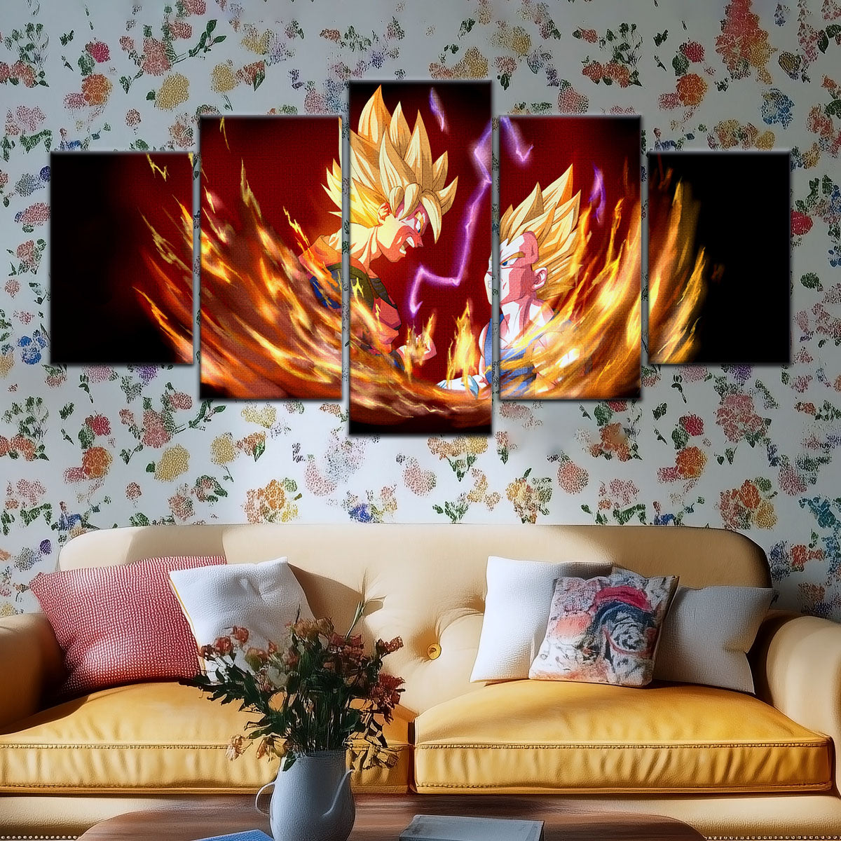 Dragon Ball Z Goku and Vegeta Canvas Wall Art - 5 Piece Split Panel DBZ Anime Poster - Framed Ready to Hang Living Room Man Cave Decor - DR5062