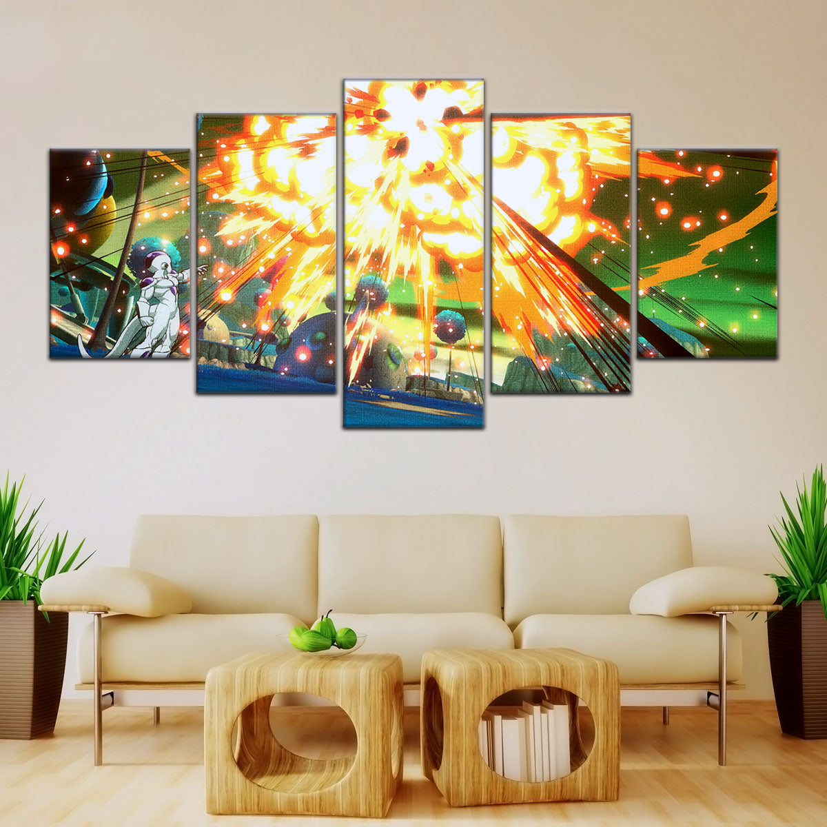 Dragon Ball Z Goku vs Frieza Namek Saga Canvas Wall Art - 5 Piece Split Panel Anime Poster - Framed Ready to Hang Living Room Man Cave Decor - DR5079