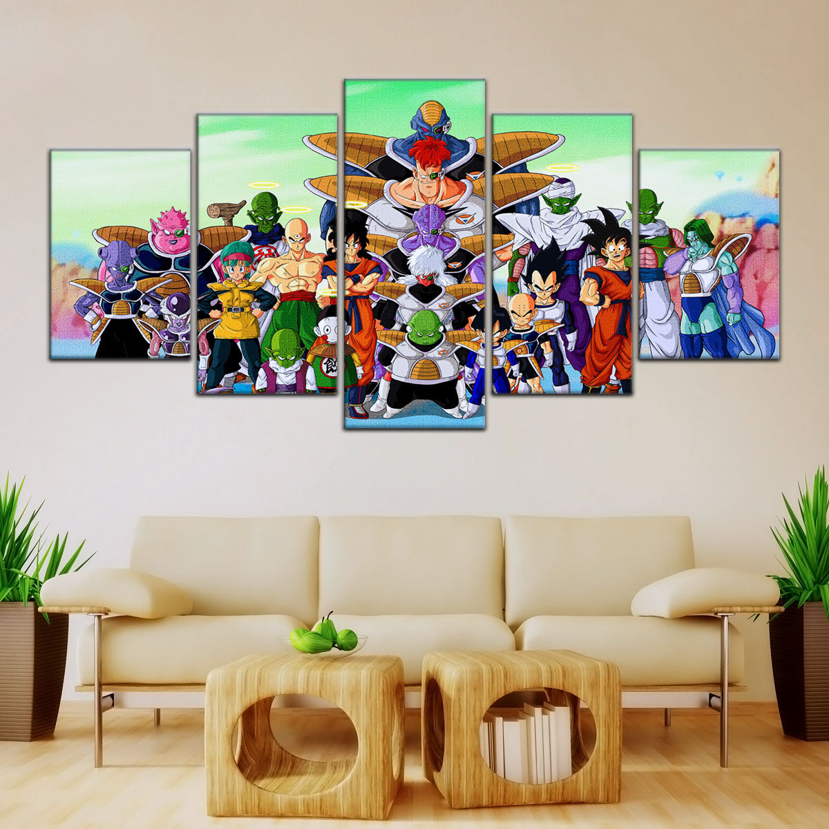 Dragon Ball Z Goku vs Ginyu Force Namek Saga Canvas Wall Art - 5 Piece Split Panel Anime Poster - Ready to Hang Living Room Man Cave Decor - DR5072