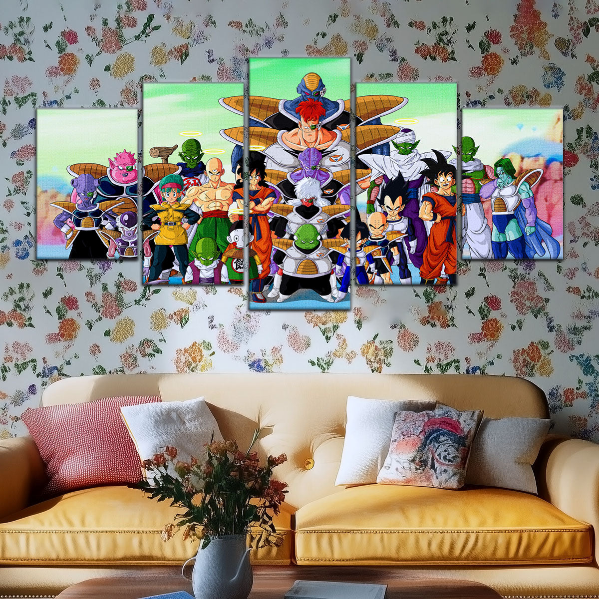 Dragon Ball Z Goku vs Ginyu Force Namek Saga Canvas Wall Art - 5 Piece Split Panel Anime Poster - Ready to Hang Living Room Man Cave Decor - DR5072