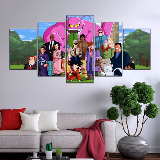 Dragon Ball Z Goku vs Red Ribbon Army Canvas Wall Art - 5 Piece Split Panel Anime Poster - Framed Ready to Hang Living Room Man Cave Decor - DR5068