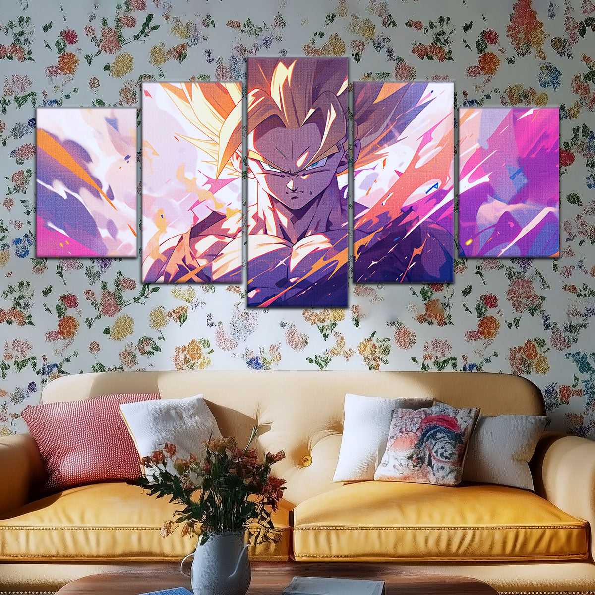 Dragon Ball Z Super Saiyan Gohan Canvas Wall Art - 5 Piece Split Panel Anime Poster - Framed Ready to Hang Living Room Man Cave Decor - DR5031