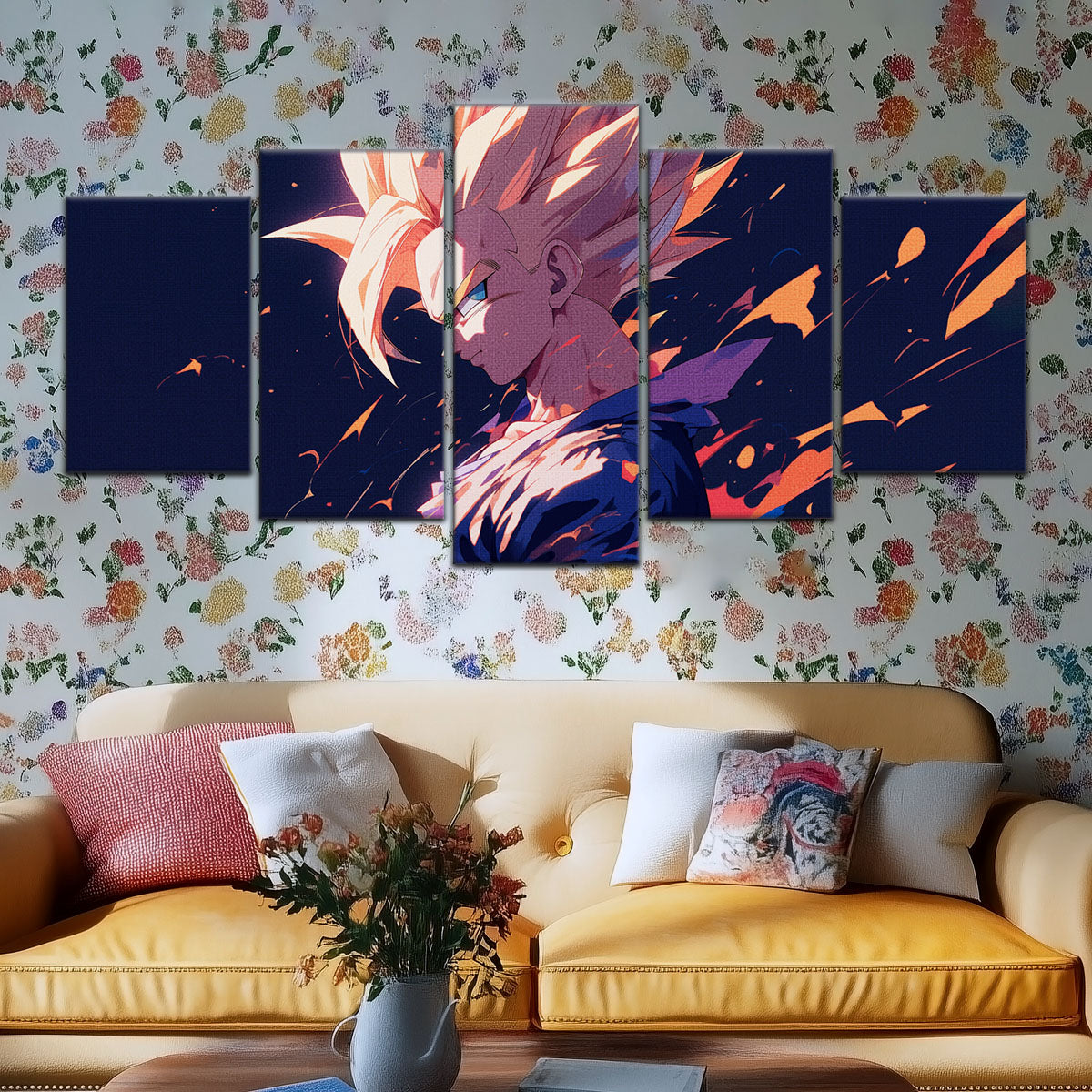 Dragon Ball Z Super Saiyan Gohan Canvas Wall Art - 5 Piece Split Panel Anime Poster - Framed Ready to Hang Living Room Man Cave Decor - DR5033