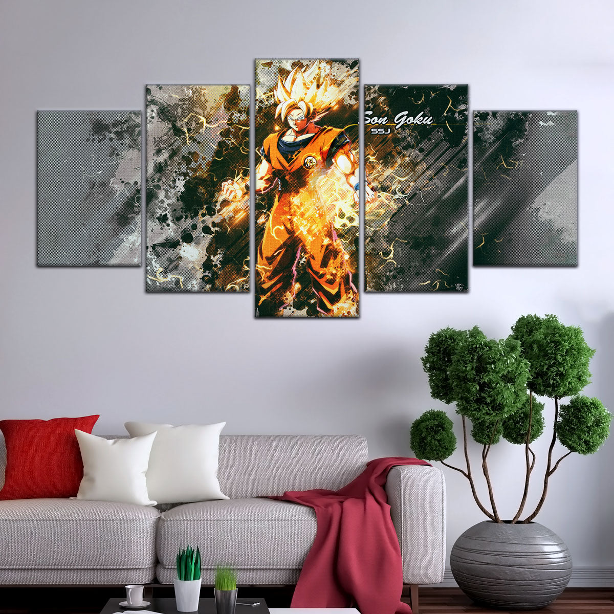 Dragon Ball Z Super Saiyan Goku Canvas Wall Art - 5 Piece Split Panel Anime Poster - Framed Ready to Hang Living Room Man Cave Decor - DR5037