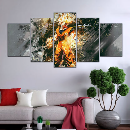Dragon Ball Z Super Saiyan Goku Canvas Wall Art - 5 Piece Split Panel Anime Poster - Framed Ready to Hang Living Room Man Cave Decor - DR5037