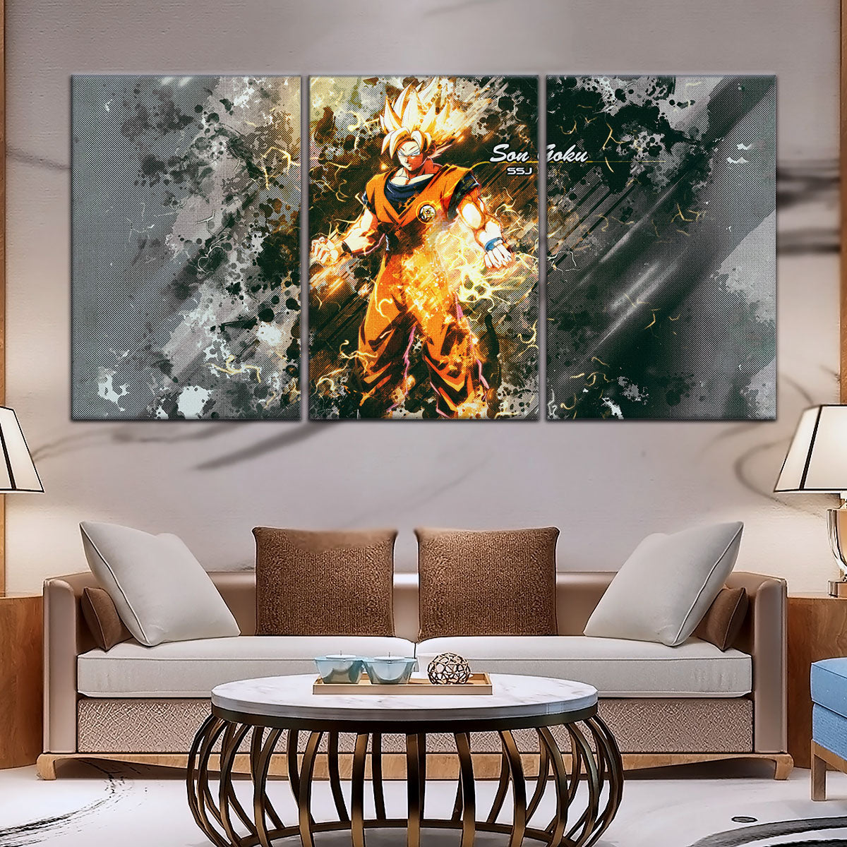 Dragon Ball Z Super Saiyan Goku Canvas Wall Art - 5 Piece Split Panel Anime Poster - Framed Ready to Hang Living Room Man Cave Decor - DR5037