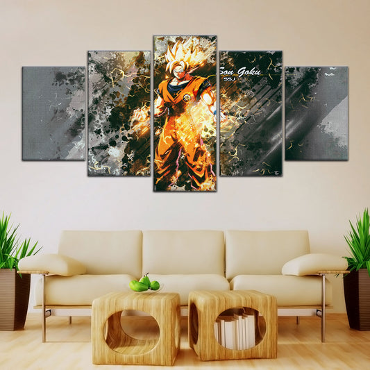 Dragon Ball Z Super Saiyan Goku Canvas Wall Art - 5 Piece Split Panel Anime Poster - Framed Ready to Hang Living Room Man Cave Decor - DR5037