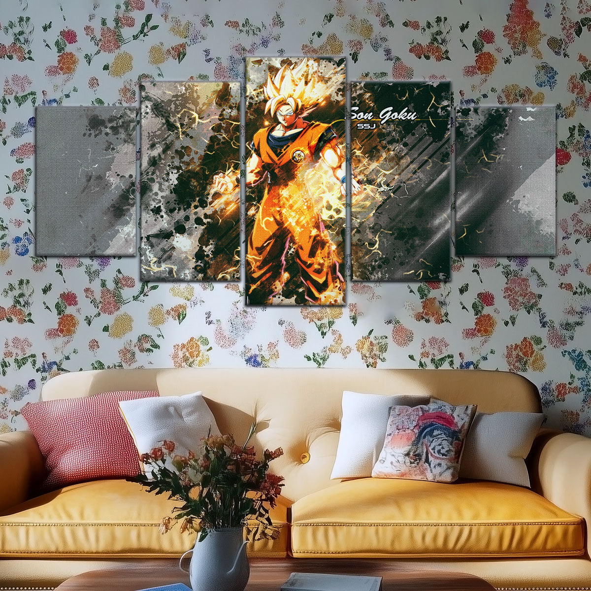 Dragon Ball Z Super Saiyan Goku Canvas Wall Art - 5 Piece Split Panel Anime Poster - Framed Ready to Hang Living Room Man Cave Decor - DR5037