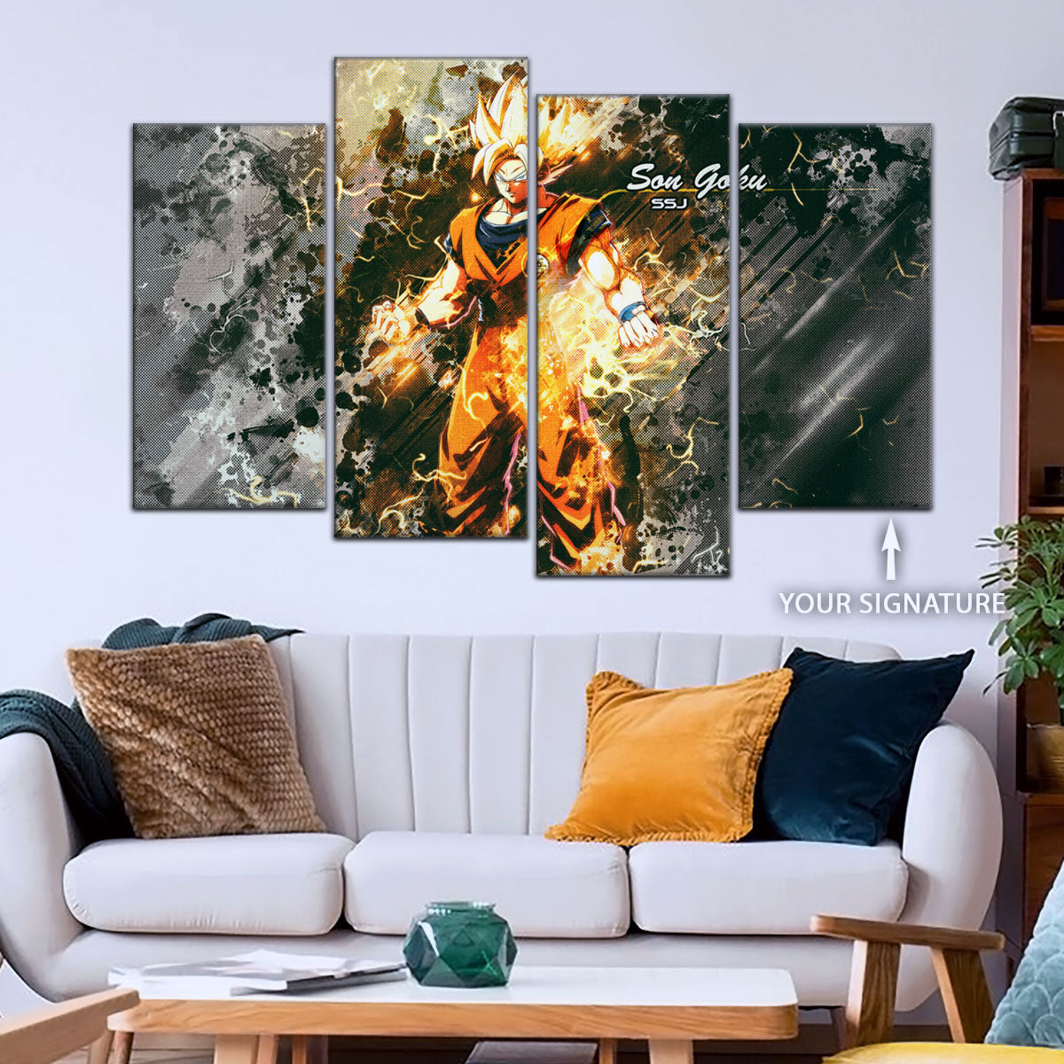 Dragon Ball Z Super Saiyan Goku Canvas Wall Art - 5 Piece Split Panel Anime Poster - Framed Ready to Hang Living Room Man Cave Decor - DR5037