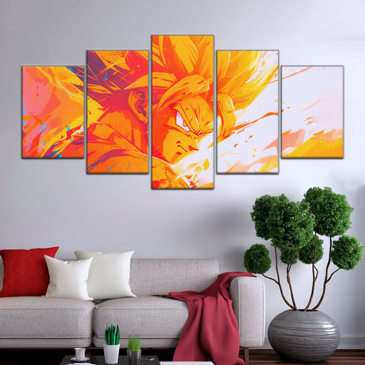 Dragon Ball Z Super Saiyan Goku Canvas Wall Art - 5 Piece Split Panel Anime Poster - Framed Ready to Hang Living Room Man Cave Decor - DR5040